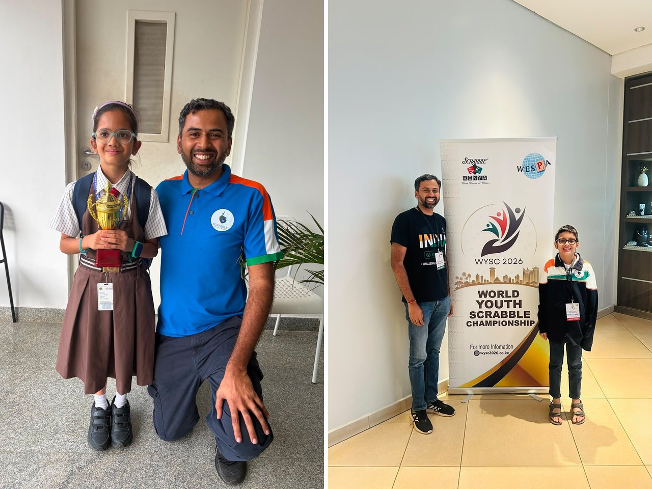 Sid with students Satvika and Shreyas at their respective tournaments